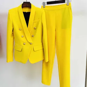 Womens Yellow Pantsuits Blazer   High Waist Nine-Point Suit Pants