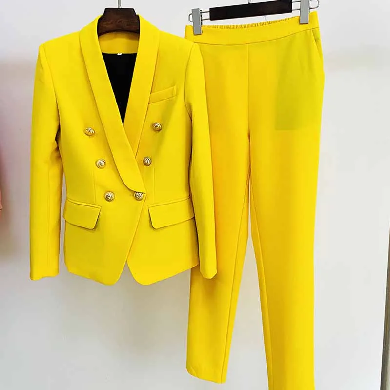 Womens Yellow Pantsuits Blazer   High Waist Nine-Point Suit Pants