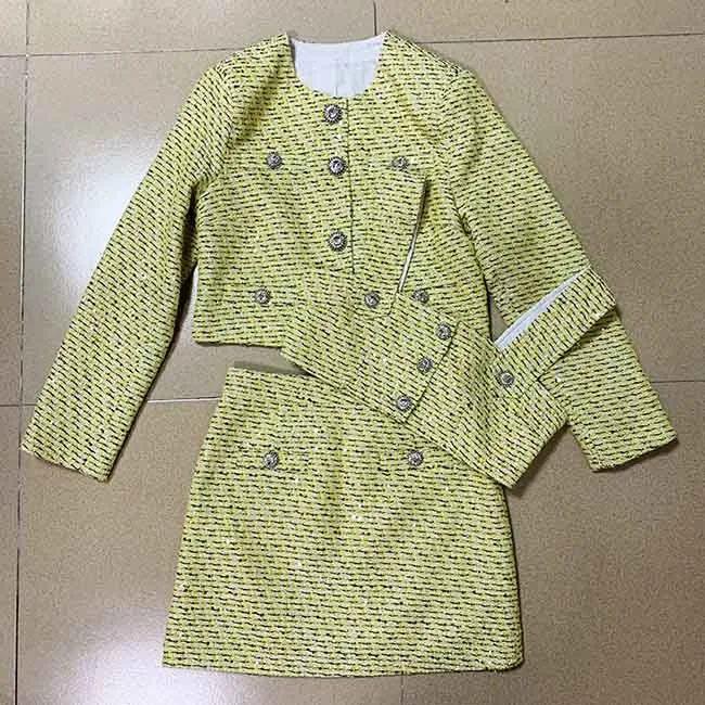 Womens Yellow Three Piece Suit   Short Skirt Formal Set
