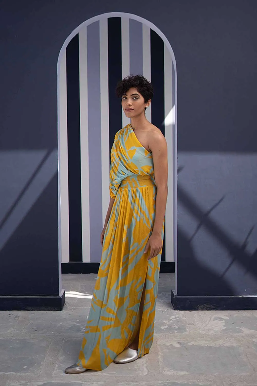 YAM   I  L'illa TSUBA BLUE DRESS 1  (DRESS) CREPE YELLOW & BLUE YAMBILLIE46