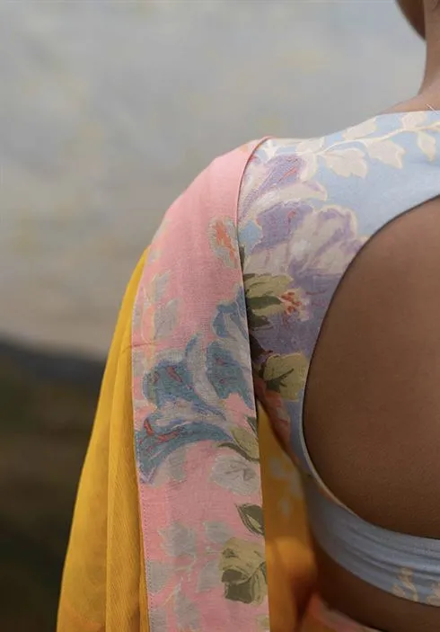 Yam   I   Radda Fauji Blouse BLOUSE  MULMUL BLUE & PINK An Indian Summer YAMBL20