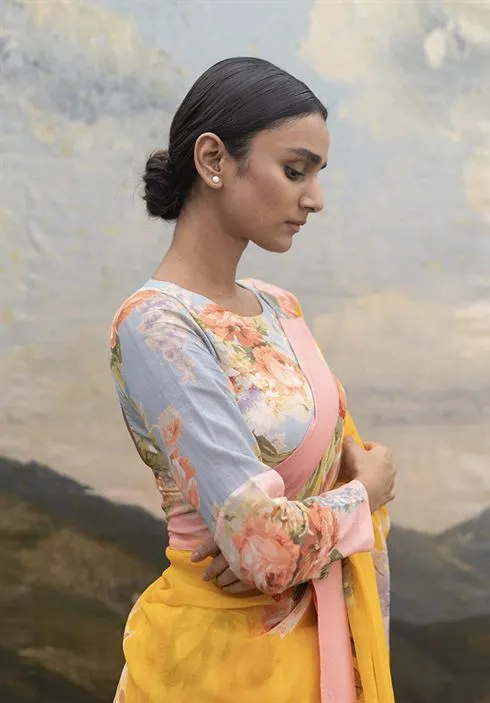 Yam   I   Radda Fauji Blouse BLOUSE  MULMUL BLUE & PINK An Indian Summer YAMBL20