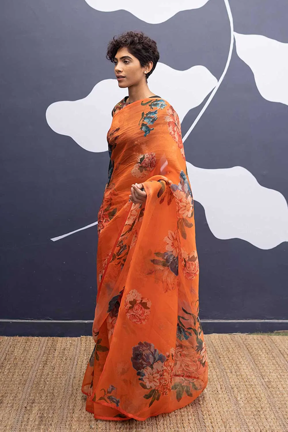 YAM   I   Ribera CORFU ORANGE SAREE 1  (SAREE)  [BLOUSE STITCHED/ UNSTITCHED NOT INCLUDED] SILK ORGANZA ORANGE YAMSR24