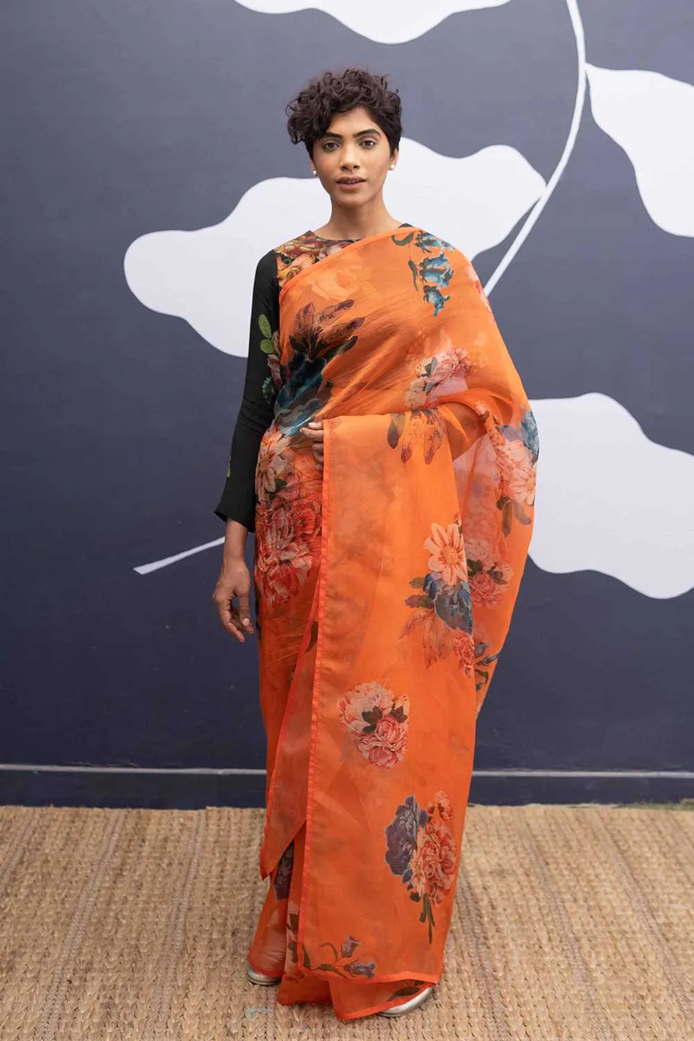 YAM   I   Ribera CORFU ORANGE SAREE 1  (SAREE)  [BLOUSE STITCHED/ UNSTITCHED NOT INCLUDED] SILK ORGANZA ORANGE YAMSR24
