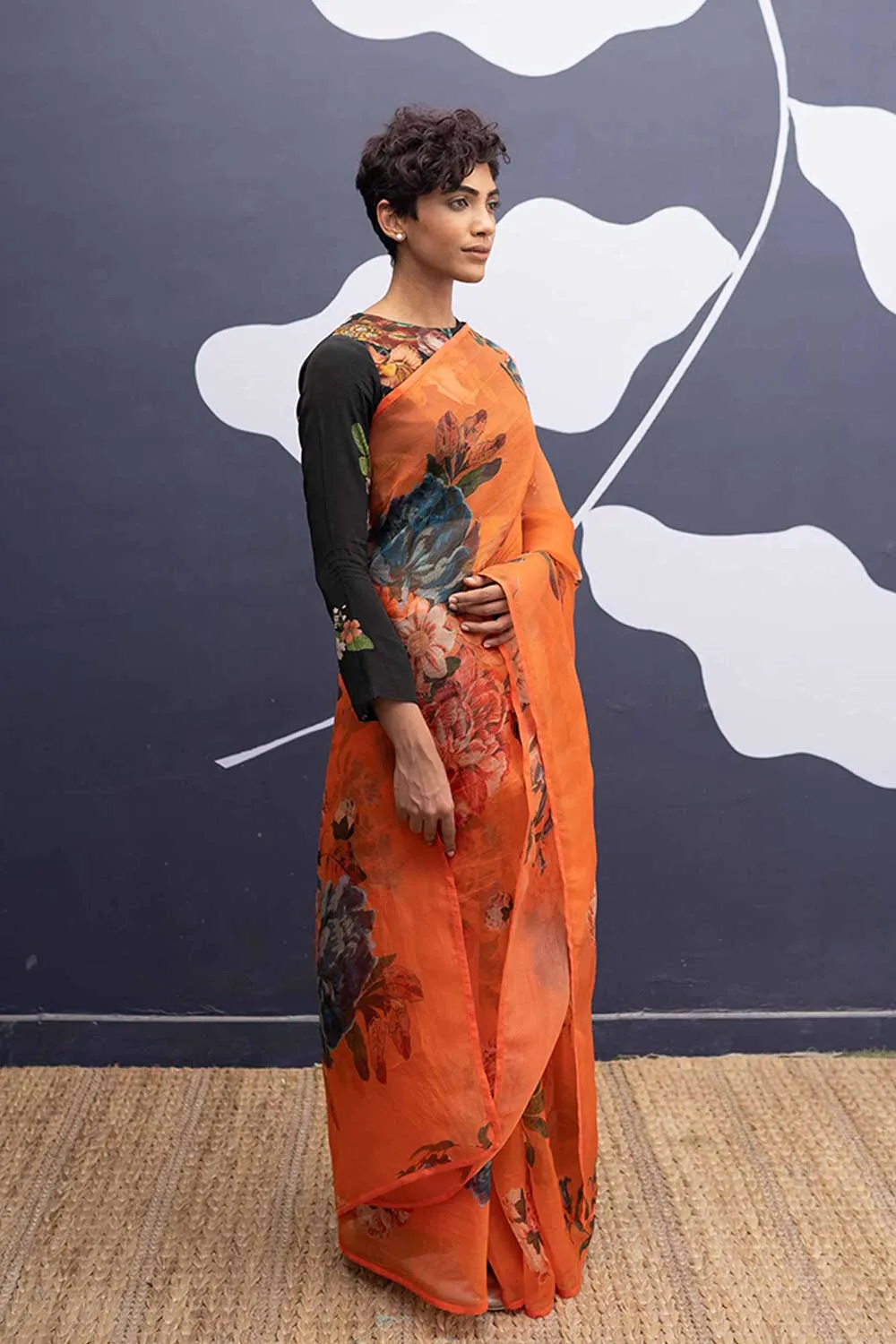 YAM   I   Ribera CORFU ORANGE SAREE 1  (SAREE)  [BLOUSE STITCHED/ UNSTITCHED NOT INCLUDED] SILK ORGANZA ORANGE YAMSR24