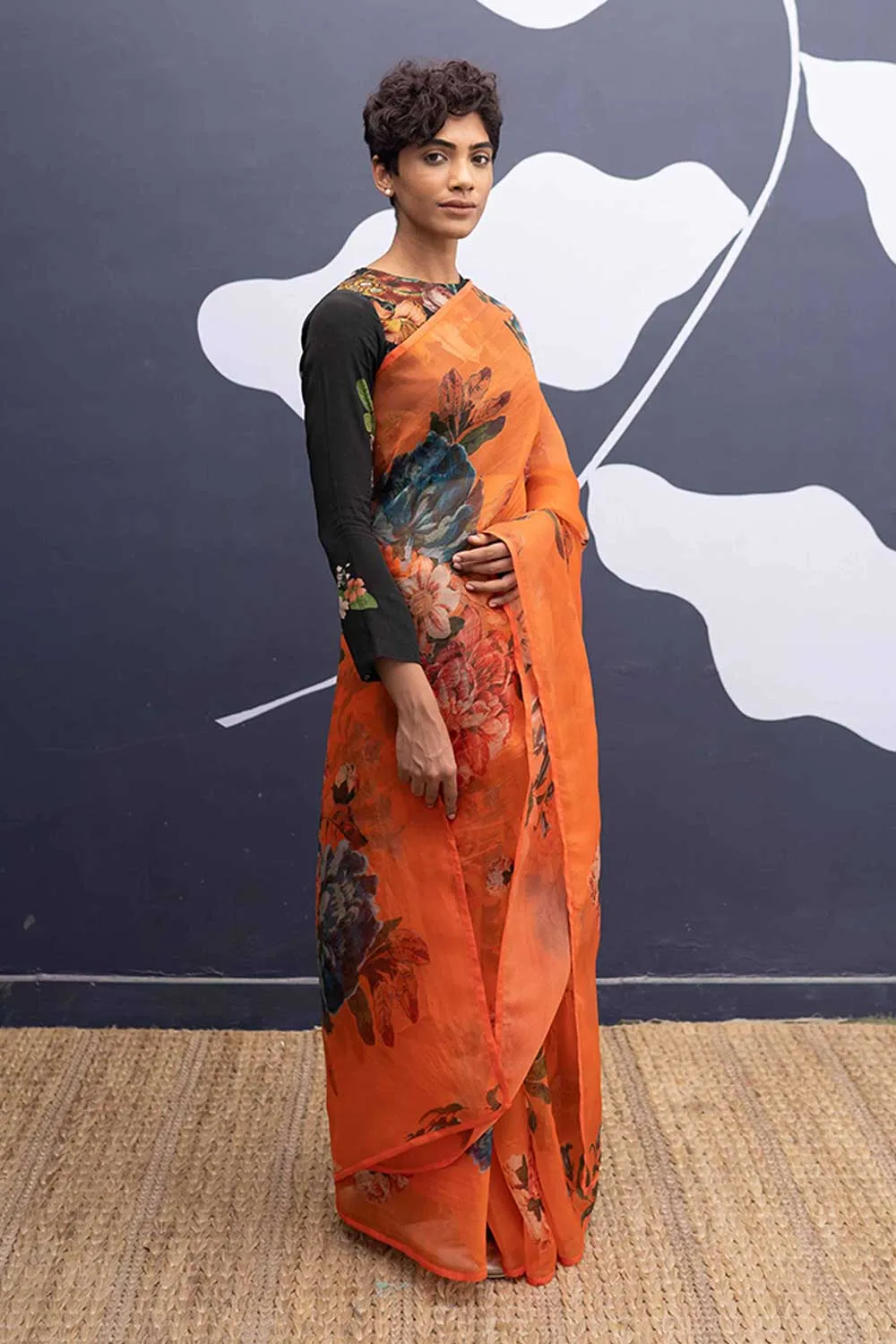 YAM   I   Ribera CORFU ORANGE SAREE 1  (SAREE)  [BLOUSE STITCHED/ UNSTITCHED NOT INCLUDED] SILK ORGANZA ORANGE YAMSR24