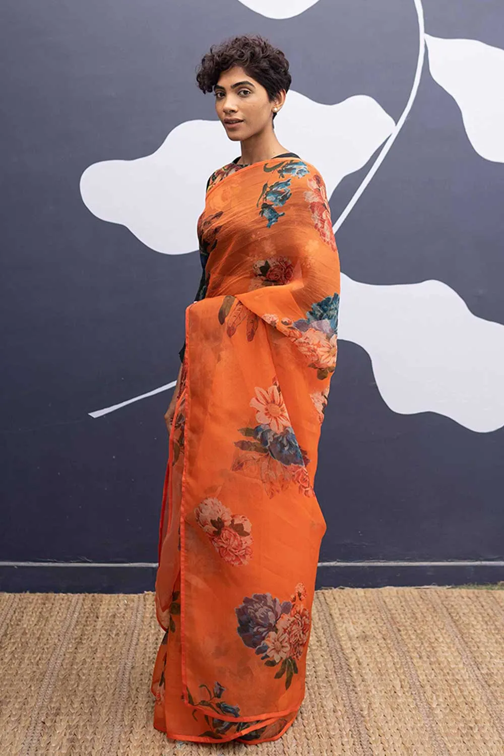 YAM   I   Ribera CORFU ORANGE SAREE 1  (SAREE)  [BLOUSE STITCHED/ UNSTITCHED NOT INCLUDED] SILK ORGANZA ORANGE YAMSR24