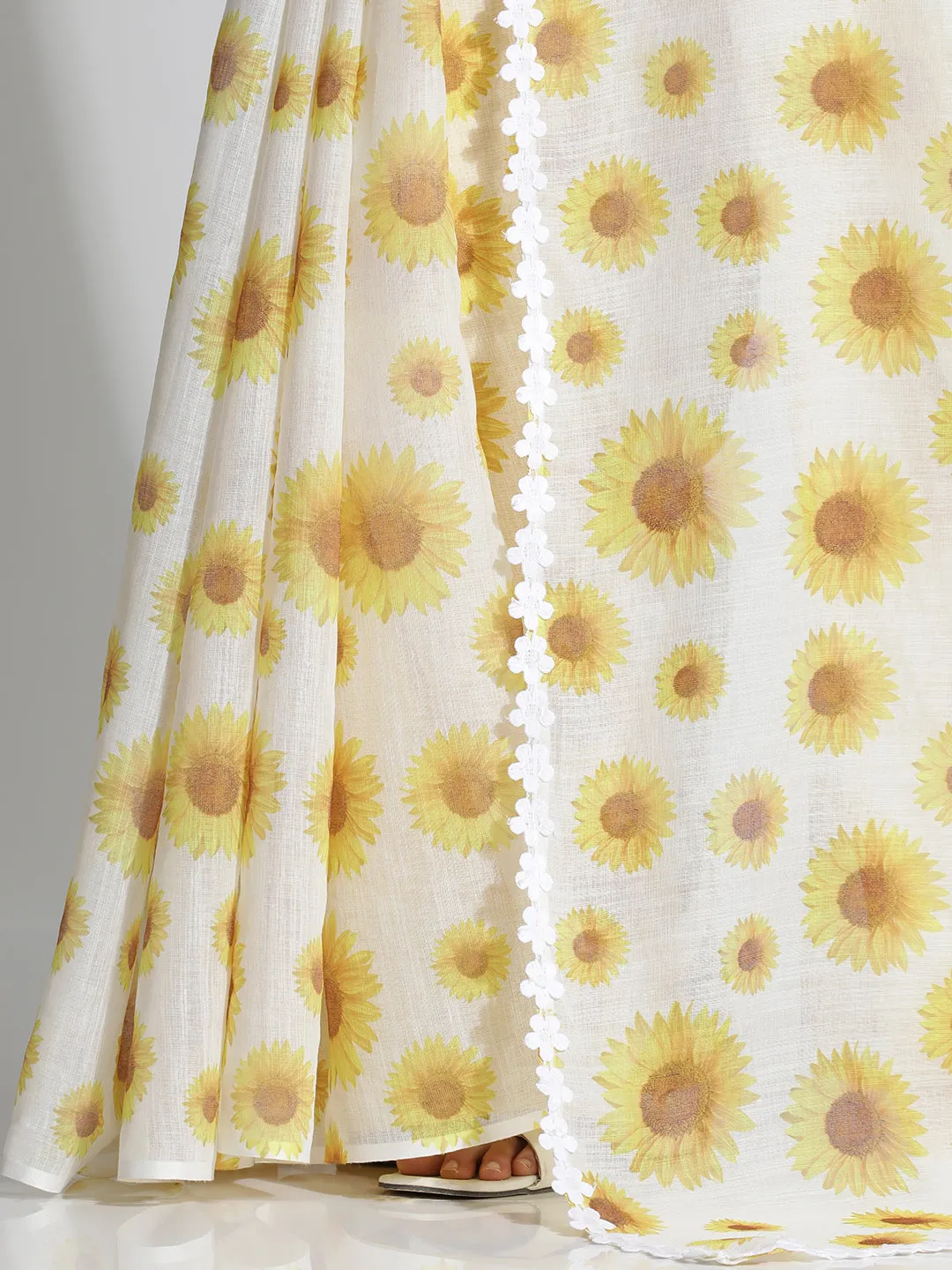 Yellow Floral Printed Daily Wear Pure Linen Saree