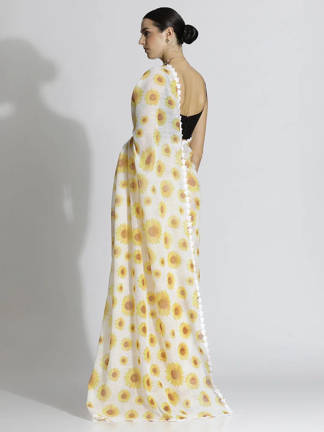 Yellow Floral Printed Daily Wear Pure Linen Saree