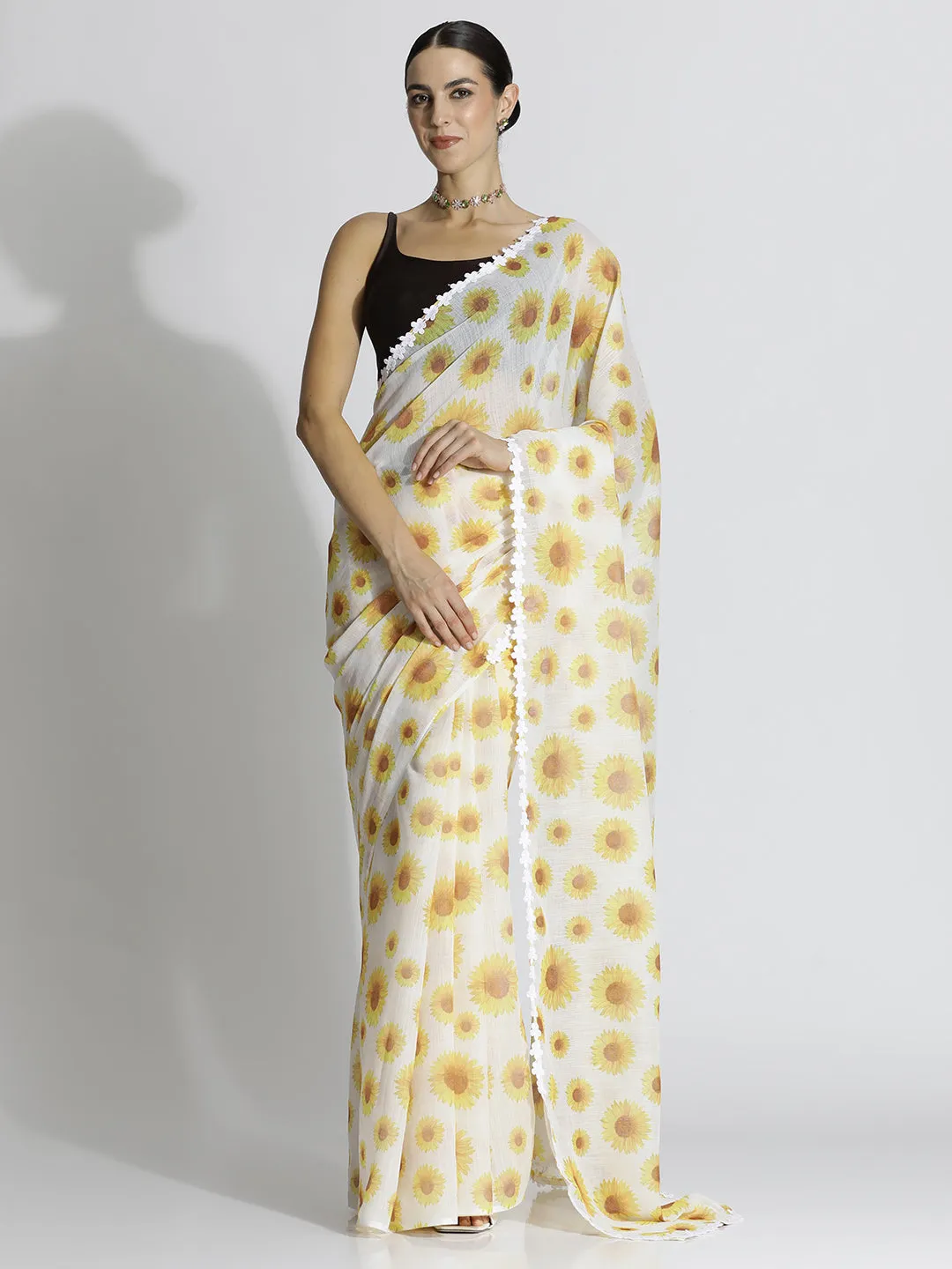 Yellow Floral Printed Daily Wear Pure Linen Saree