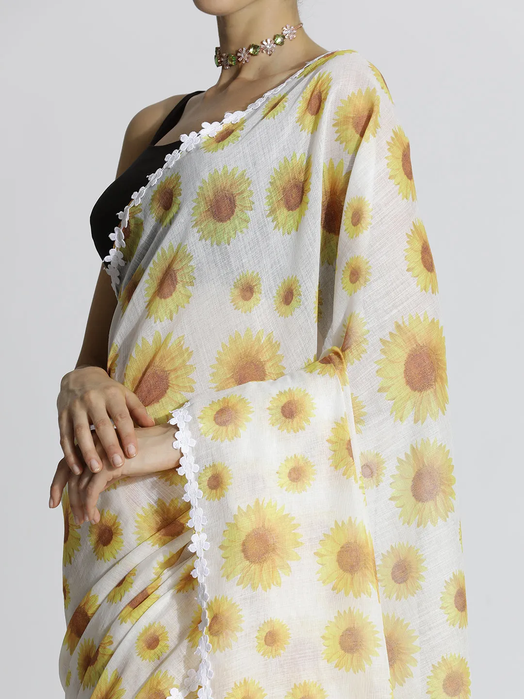 Yellow Floral Printed Daily Wear Pure Linen Saree