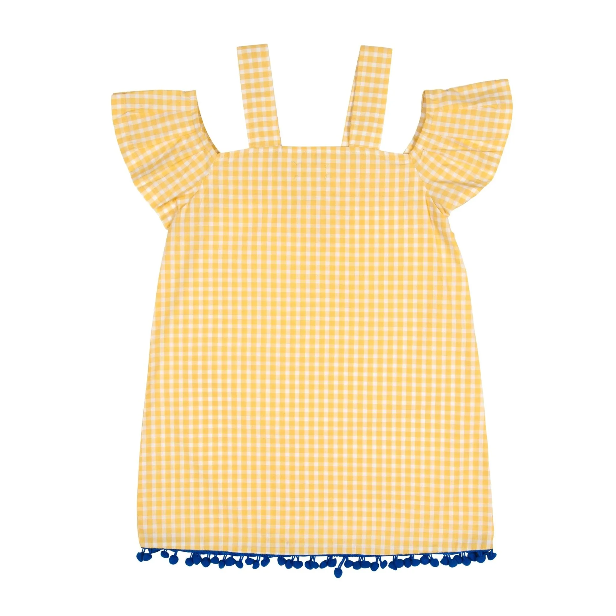 Yellow Gingham Off Shoulder Dress with Pompom