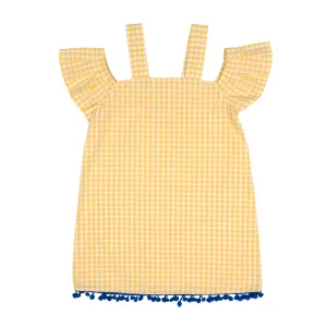 Yellow Gingham Off Shoulder Dress with Pompom