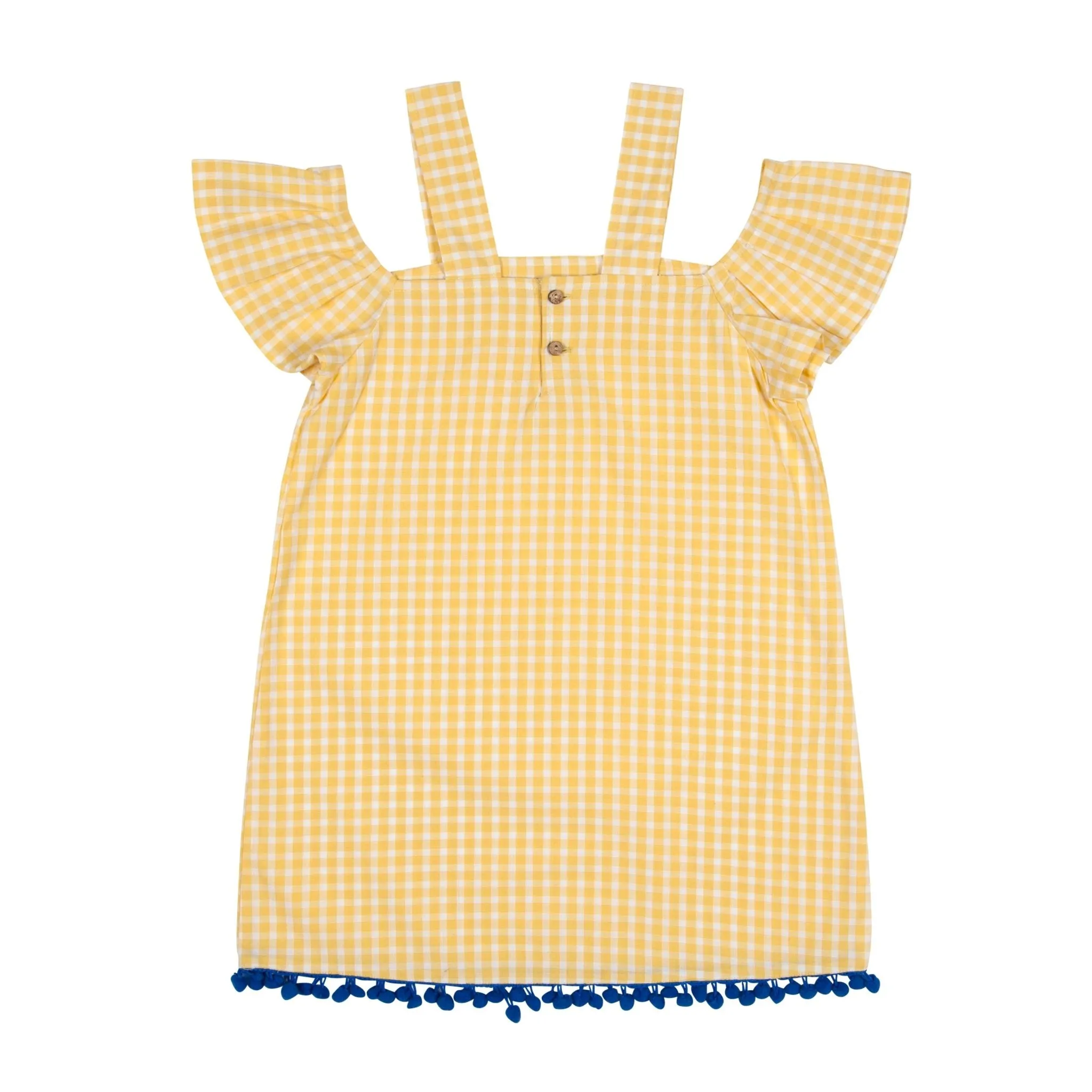 Yellow Gingham Off Shoulder Dress with Pompom