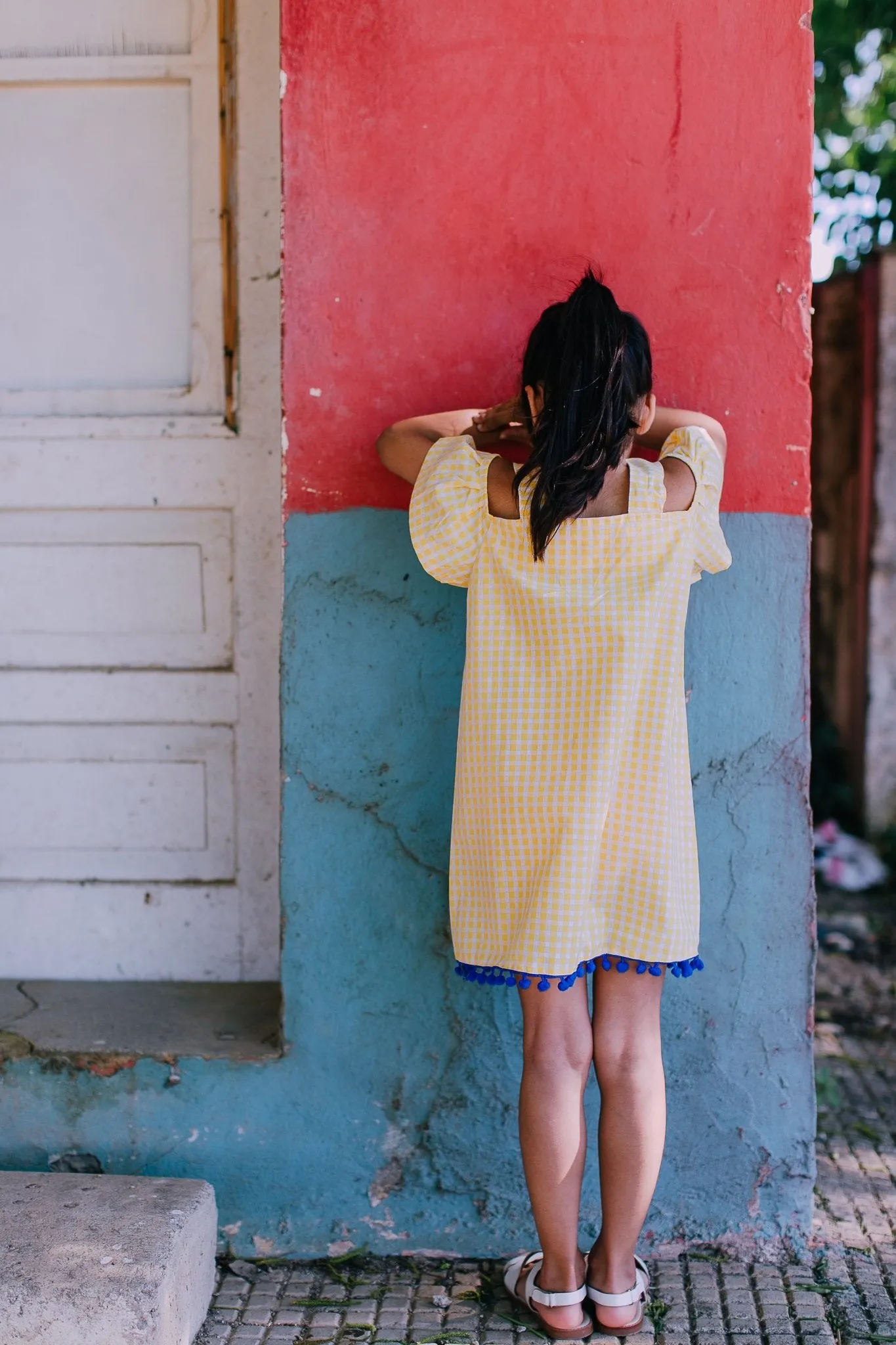 Yellow Gingham Off Shoulder Dress with Pompom