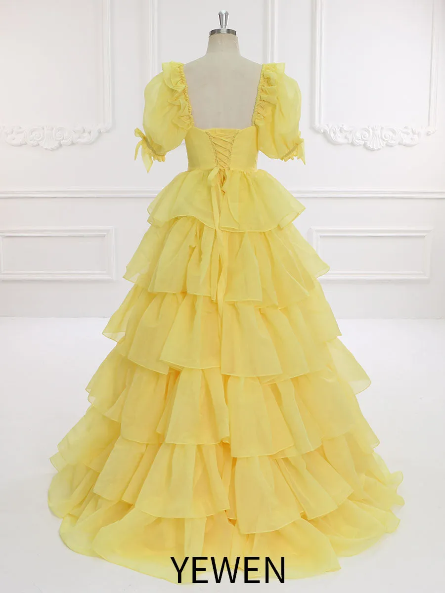 Yellow Layered Ruffles Prom Gown Evening Party Dress Photo Shoots Dress Outfits YW231128