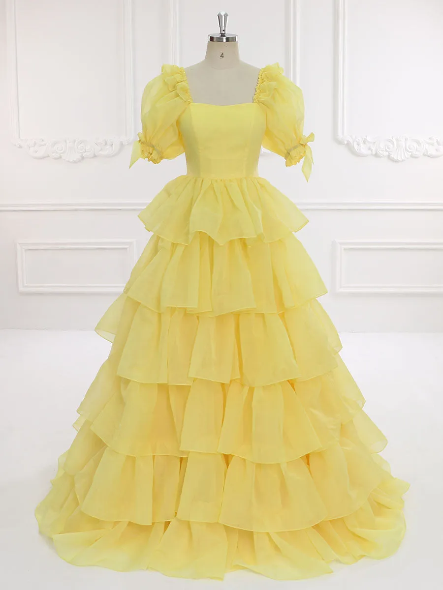 Yellow Layered Ruffles Prom Gown Evening Party Dress Photo Shoots Dress Outfits YW231128