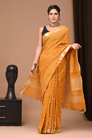 Yellow Pure Linen Saree