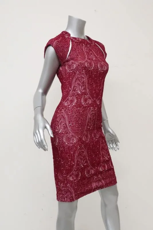 Yigal Azrouel Dress Red Paisley Jacquard Jersey Size 2 Cap Sleeve Sheath