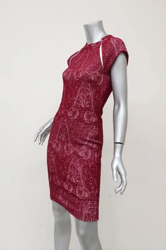 Yigal Azrouel Dress Red Paisley Jacquard Jersey Size 2 Cap Sleeve Sheath