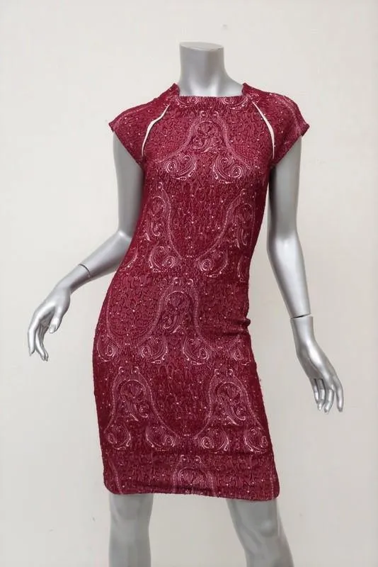 Yigal Azrouel Dress Red Paisley Jacquard Jersey Size 2 Cap Sleeve Sheath