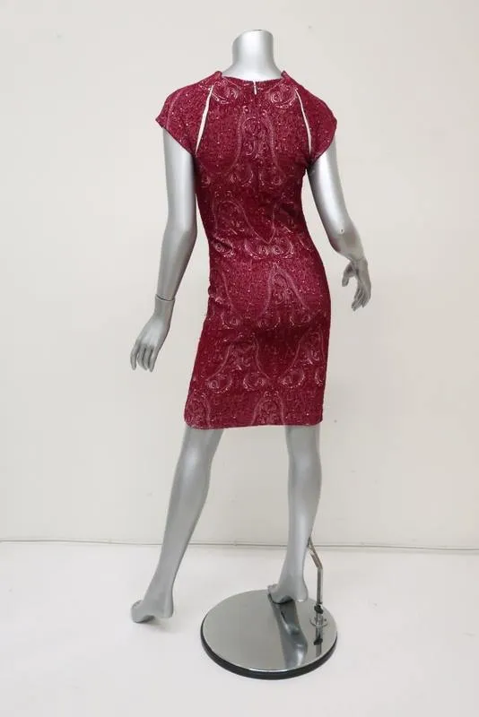 Yigal Azrouel Dress Red Paisley Jacquard Jersey Size 2 Cap Sleeve Sheath