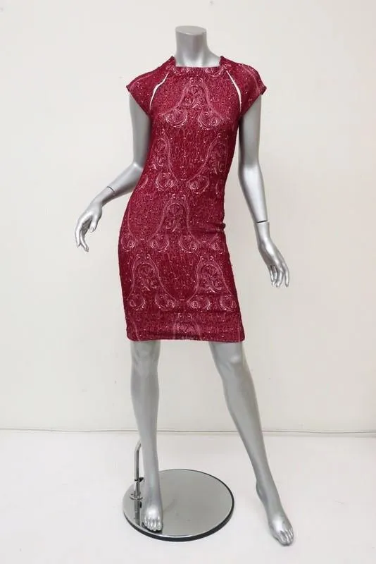 Yigal Azrouel Dress Red Paisley Jacquard Jersey Size 2 Cap Sleeve Sheath