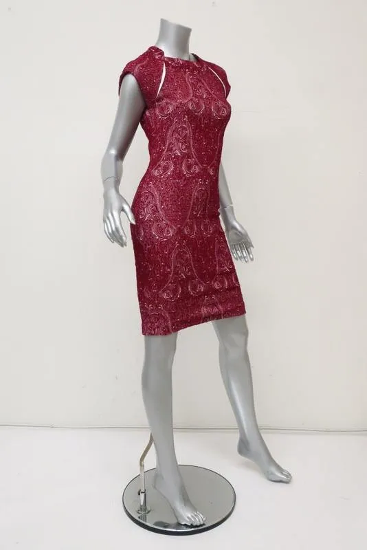 Yigal Azrouel Dress Red Paisley Jacquard Jersey Size 2 Cap Sleeve Sheath