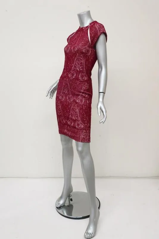 Yigal Azrouel Dress Red Paisley Jacquard Jersey Size 2 Cap Sleeve Sheath