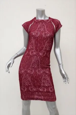 Yigal Azrouel Dress Red Paisley Jacquard Jersey Size 2 Cap Sleeve Sheath