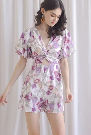 Zania Watercolour Twist Knot Cut Out Romper In Magenta