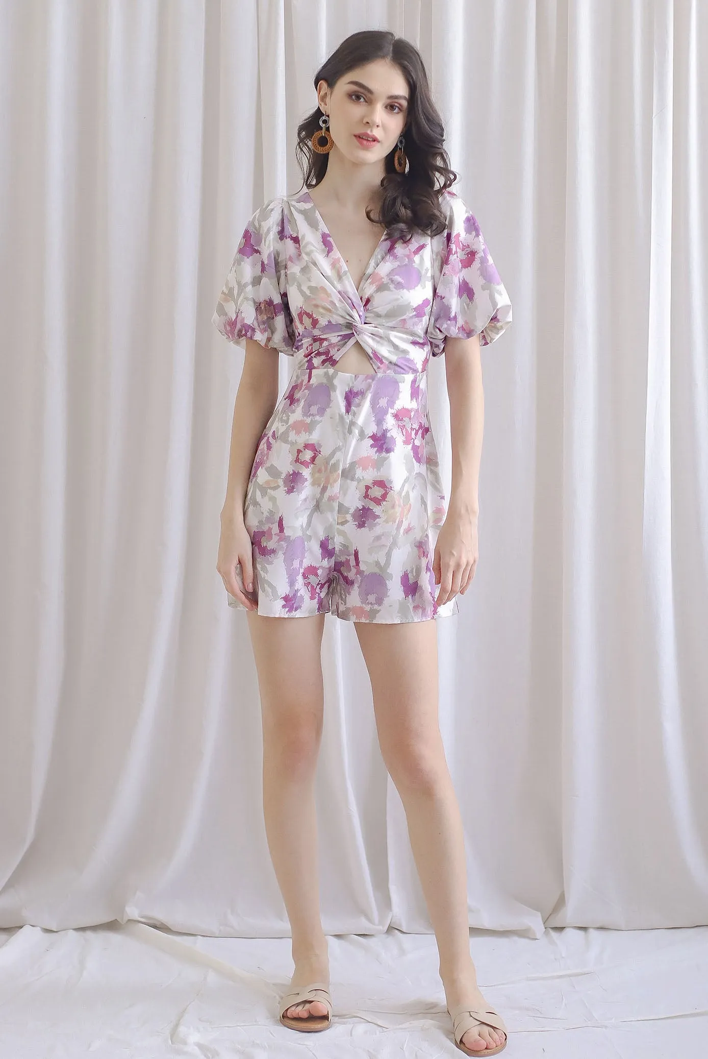 Zania Watercolour Twist Knot Cut Out Romper In Magenta