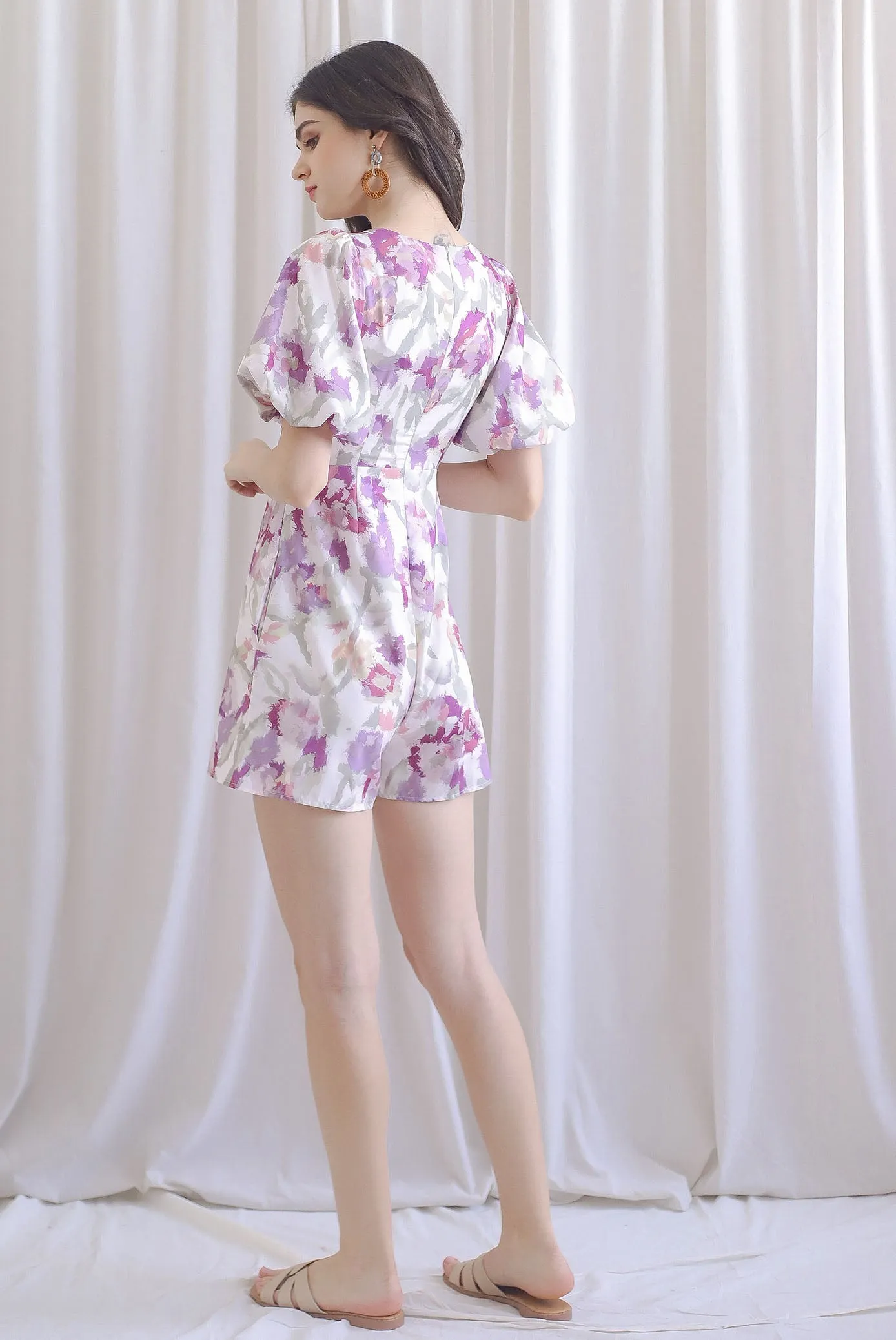 Zania Watercolour Twist Knot Cut Out Romper In Magenta