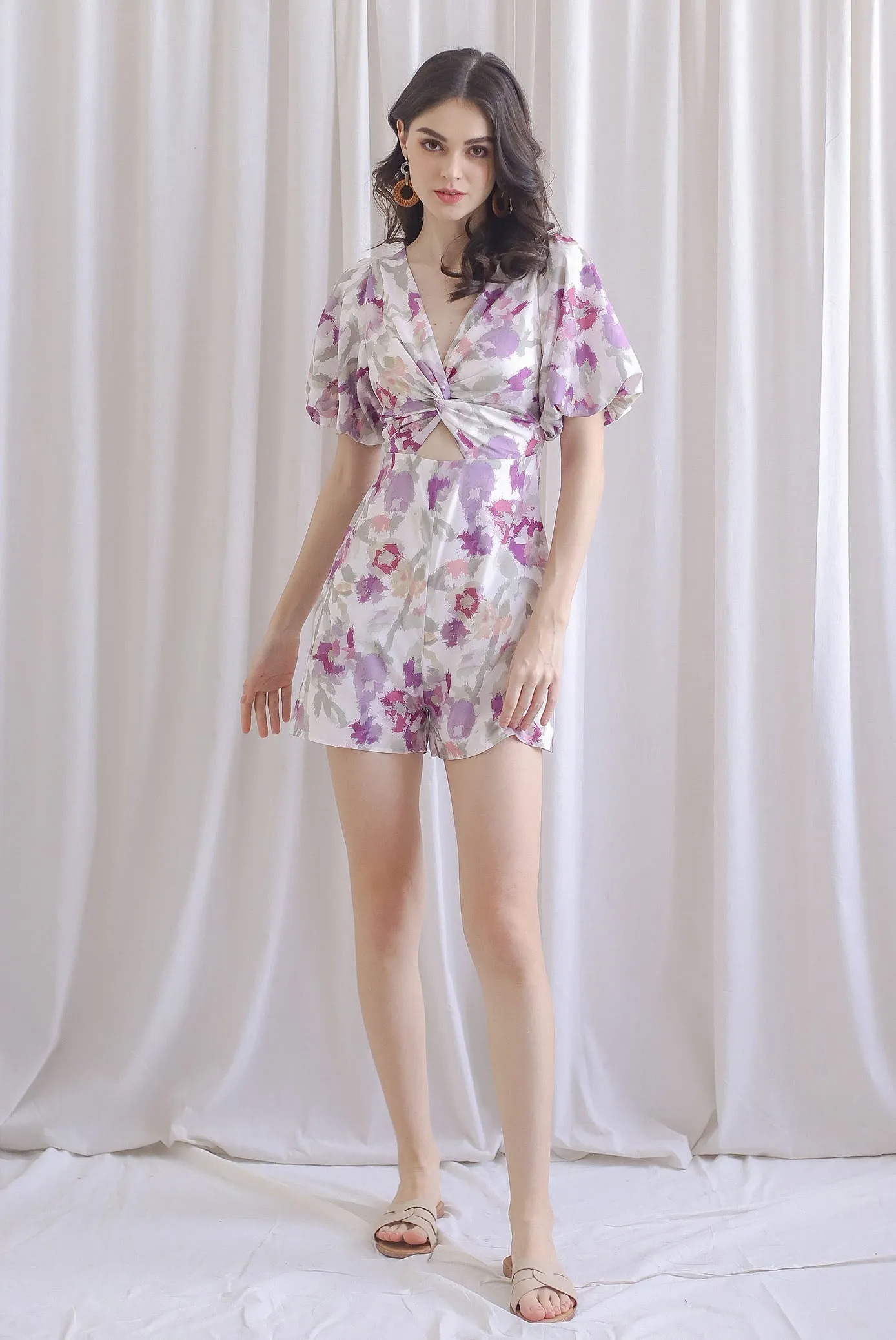 Zania Watercolour Twist Knot Cut Out Romper In Magenta