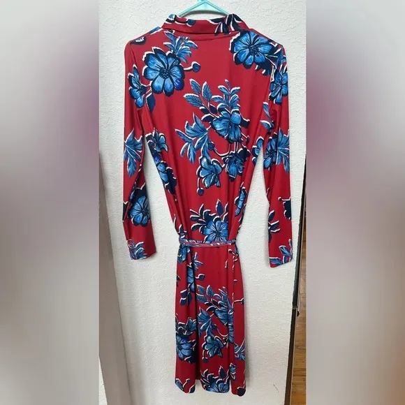 ZARA Floral Knit Midi Shirt Dress Tie-Belt Button Long Sleeve Red Blue