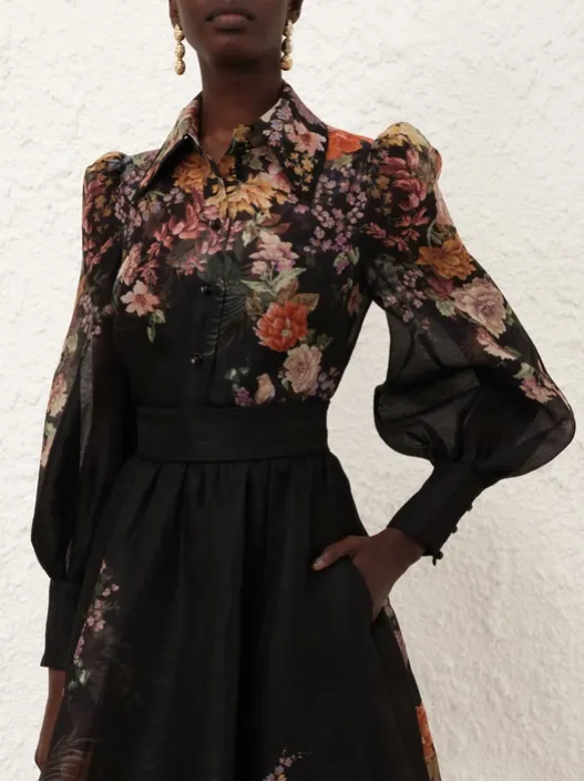 Zimmermann Pavilion Tie Neck Blouse- Black Multi Floral