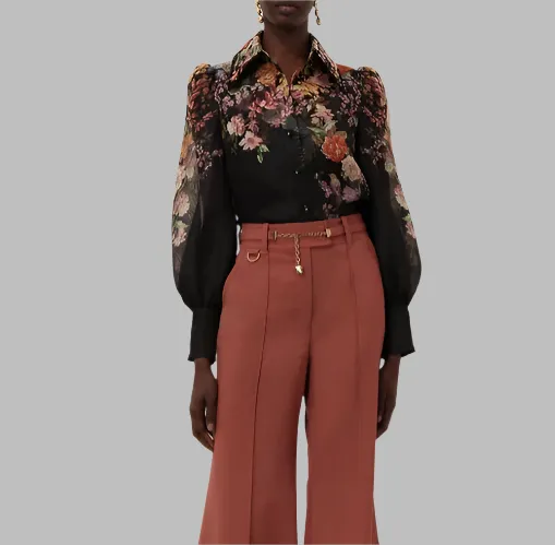 Zimmermann Pavilion Tie Neck Blouse- Black Multi Floral