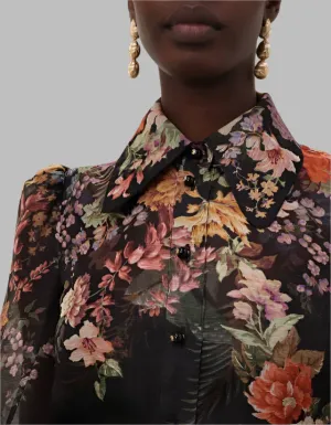 Zimmermann Pavilion Tie Neck Blouse- Black Multi Floral